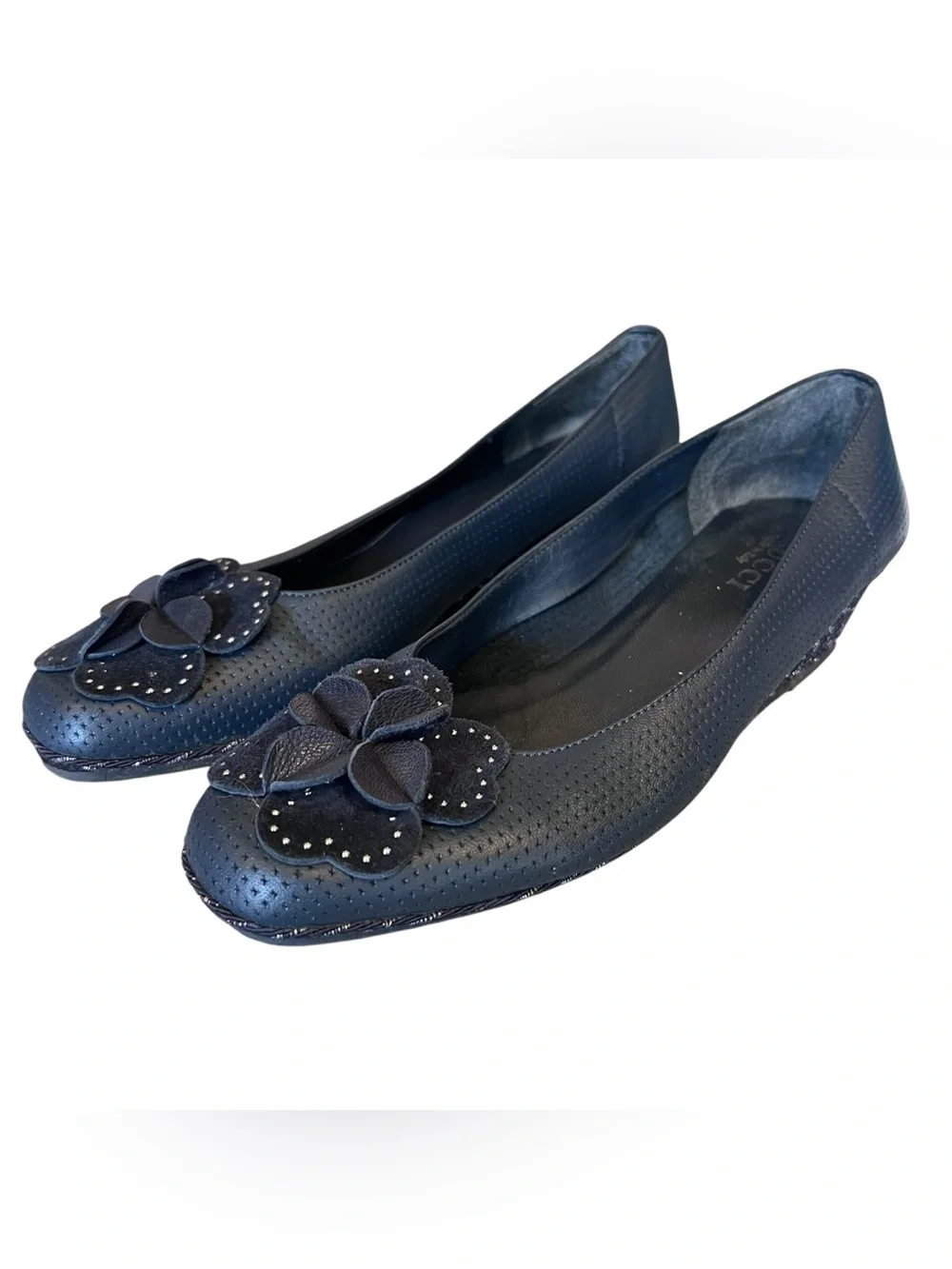 Sesto Meucci Women’s Sz 9 Navy Leather Demi Wedge Heels Perforated Floral